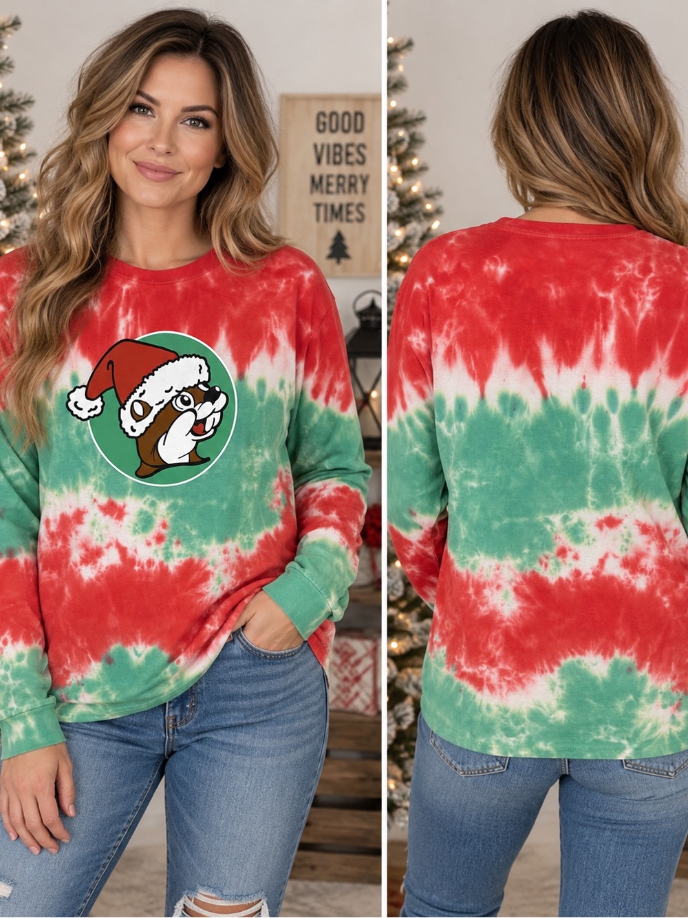Buc-ee’s Christmas Tie-Dye Holiday Graphic Santa Beaver Long Sleeve Tee Medium